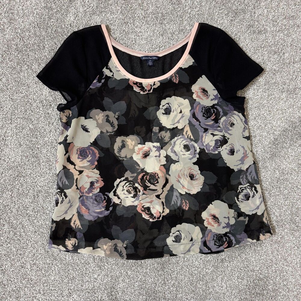 Samantha Ralph Lauren Shirt Womens Small Floral Sheer Short Sleeve Blouse Top